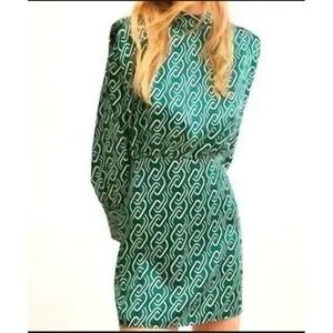 MNG Green Geometric Chain Link Print Long Sleeve Mini Dress Size 12 XXL